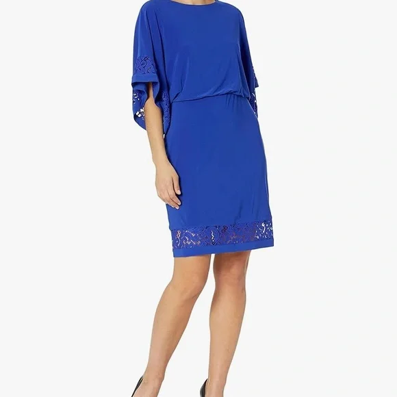 Jessica Howard Lace Inset Boat Neck 34 Dolman Sleeve Jersey Blouson Dress, Womens, 14, Royal